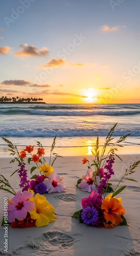 Floral Beach Sunset - A Serene Coastal Scene with Vibrant Blooms.