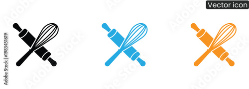 Vector icons of rolling pin and whisk in black, blue, and orange on white background, for baking and cooking themes