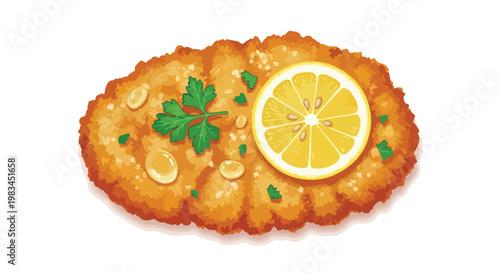 Golden crispy breaded fish fillet topped with fresh lemon slices and green herbs on a white background