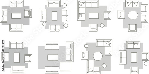 A collection of eight distinct living room furniture layout floor plan diagrams featuring various sofa and coffee table arrangements