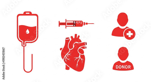 Medical icons representing blood donation and heart health.