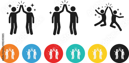 High Five Icon Set with Different Poses and Colorful Badges for Friendship, Teamwork, and Celebration Designs
