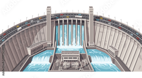 A massive curved concrete hydroelectric dam structure features powerful cascading water spillways and a busy multi-lane highway with colorful cars crossing the top.
