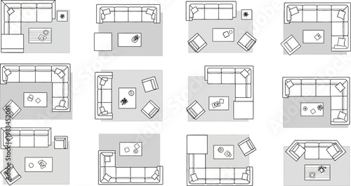 A comprehensive collection of twelve professional architectural floor plan layouts featuring various sofa configurations and coffee table arrangements for interior design