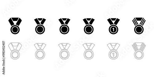 Award Medal Solid Icons icon set. Gold Medal, Silver Medal, Bronze Award, Ribbon, Winner, Badge, First Place, Achievement Medal