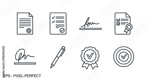 Set of contract and signature icons with checkmarks and seals.