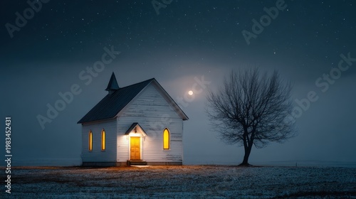 Small White Church with Illuminated Windows Night Scene Under Starry Sky and Full Moon
