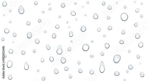 Realistic clear liquid droplets and elongated teardrop shapes are distributed across a bright white field featuring sharp reflections and high contrast.