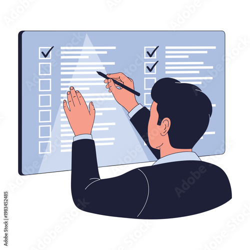 Businessman checking tasks on digital dashboard with stylus pen on transparent blue screen