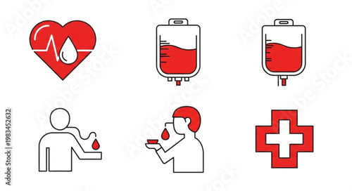 Medical icons representing blood donation and health symbols.