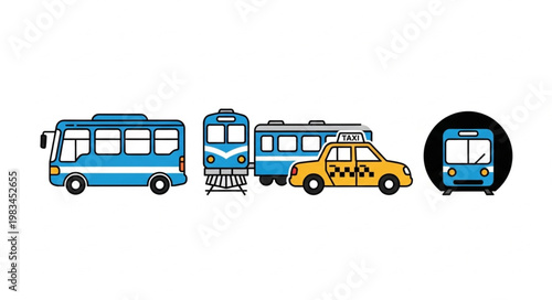 Collection of diverse public transportation vehicles and a taxi.