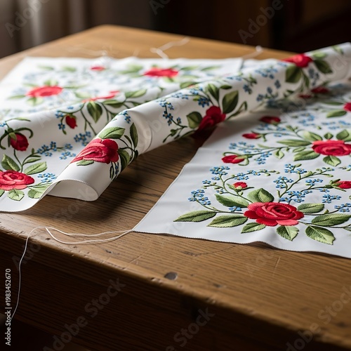 Floral Fabric on Wooden Table - A Close-Up Still Life.