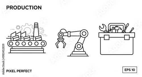 Industrial production line robotic arm and toolbox icons.