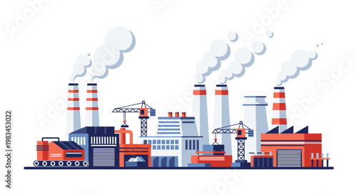 Comprehensive industrial factory complex featuring tall striped chimneys emitting white smoke plumes stands prominently under clear sky in flat art.