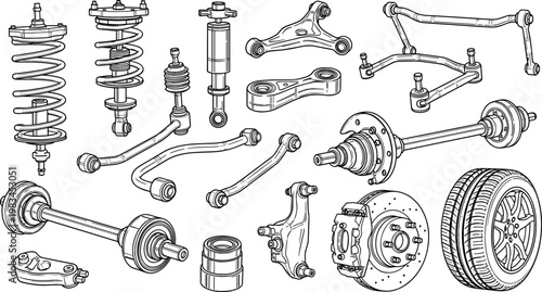 Fotografie Detailed Auto Suspension and Steering Components Illustration Set with Shock Abs