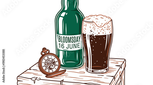 Bloomsday Beer Bottle Glass & Pocket Watch on Wood, Irish Culture Event, Flat Outline Retro Vector Illustration.
