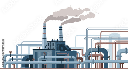 Intricate network of industrial pipes and valves connects to a central processing facility with tall chimneys releasing grey smoke into a pale atmosphere.