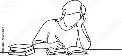 Child reading book line art icon, minimal outline vector illustration for education concept