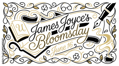 James Joyce Bloomsday Celebration with Book Pen Ink Scrollwork, Literary Culture Irish Heritage, Elegant Calligraphic Black Gold Line Art Vector Illustration