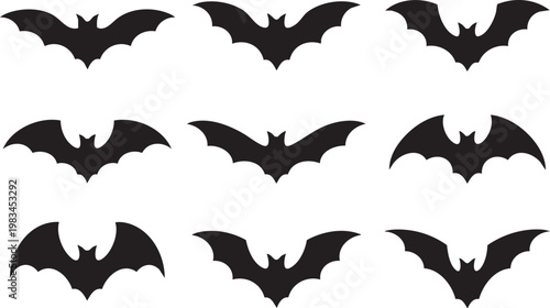 Halloween bats flying line art set, minimal outline vector illustration for spooky holiday