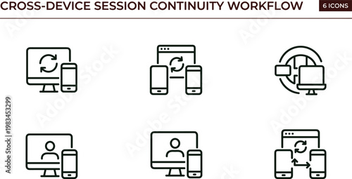 Cross device session continuity workflow outline icon set illustrating synchronized authentication access across desktop mobile browser platform environments