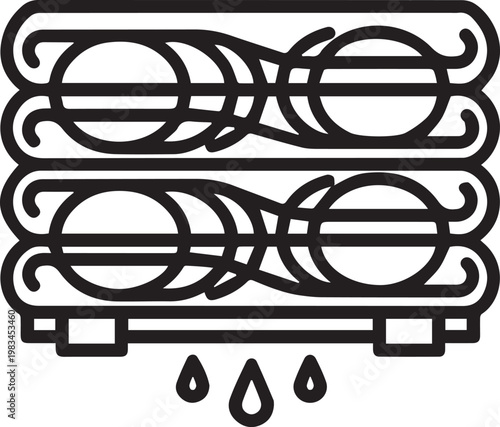 Premium High-Resolution Vector Condenser Coils Cooling System with Dripping Liquid for Industrial HVAC Refrigeration Process Heat Exchange Design Engineering Infographics Technical Manuals