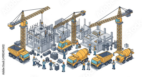 Construction site with cranes, trucks, and buildings in progress.