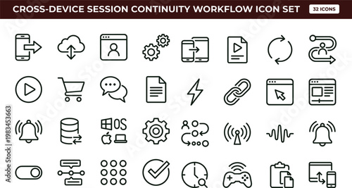 Cross device session continuity workflow outline icon set illustrating synchronized platform connectivity cloud integration user interface navigation system processes