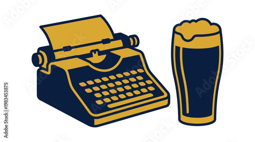 Vintage Typewriter and Beer With Paper and Foamy Glass For Writing, Journalism, Bar, Relaxation. Flat Style, Two-Tone Blue Gold Vector Illustration, Isolated.