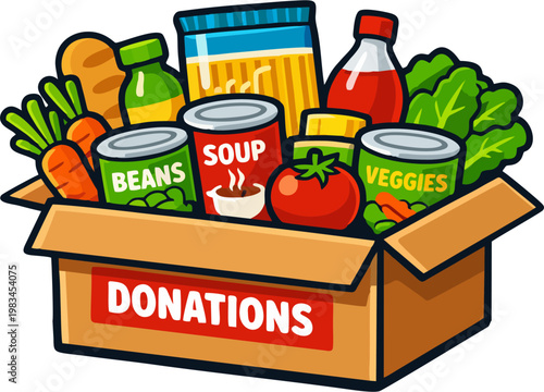 Food Donation Box Cartoon Illustration with Grocery Supplies for Charity and Food Bank Support Isolated