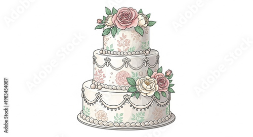 Elegant three-tier wedding cake decorated with delicate floral icing.