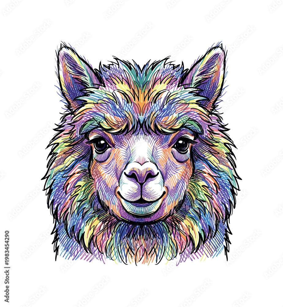 Fototapeta premium Vibrant, colorful alpaca portrait with a whimsical, artistic sketch style