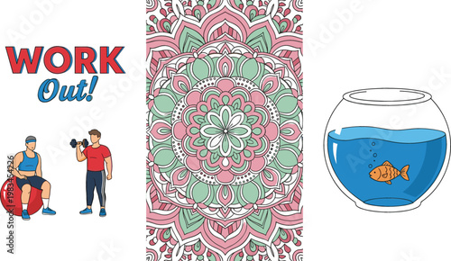 Workout fitness exercise poster mandala decorative pattern and fish bowl aquarium cartoon vector illustration collection