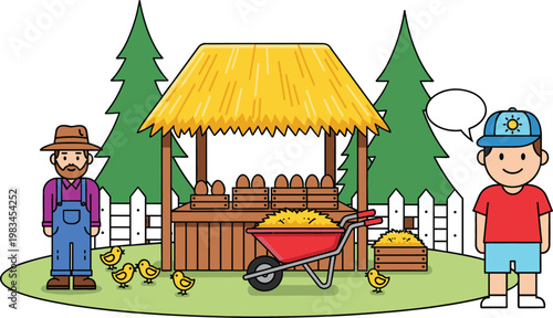 Farm scene with farmers chicken coop eggs wheelbarrow and speech bubble cartoon vector illustration collection