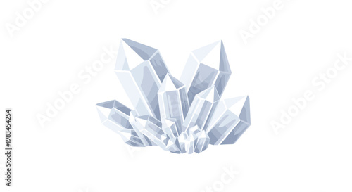 A pristine cluster of translucent white and pale blue quartz crystals displays sharp geometric facets and a subtle internal glow against white space.