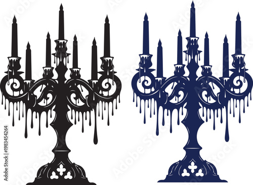 Black and blue gothic style ornate candelabras with candles on dark pedestal gothic candelabra
