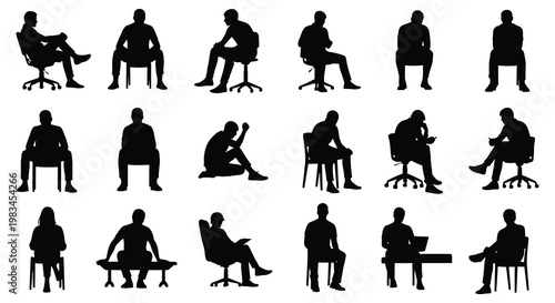 A collection of black silhouettes depicting people in various seated and standing postures showcasing everyday life silhouette high quality professional detailed