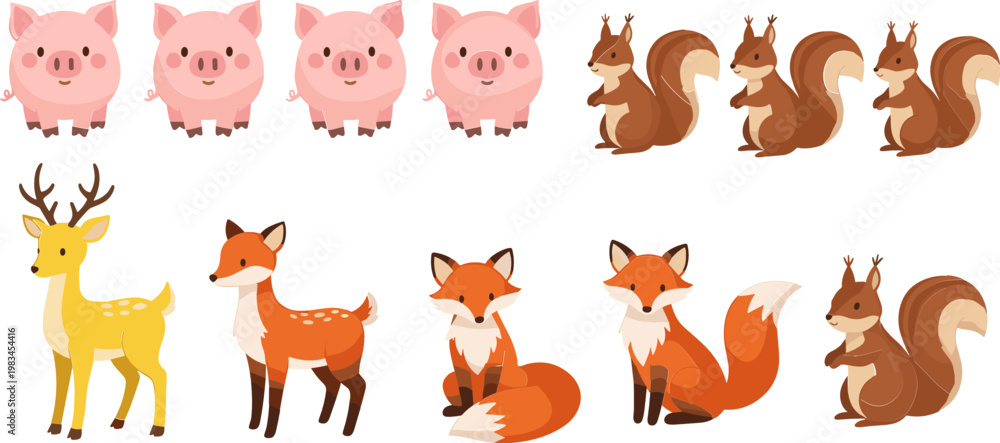 Fototapeta premium Cute Cartoon Animals Vector Set Featuring Pigs, Squirrels, Deer, and Foxes for Children’s Illustrations, Nature, and Educational Designs