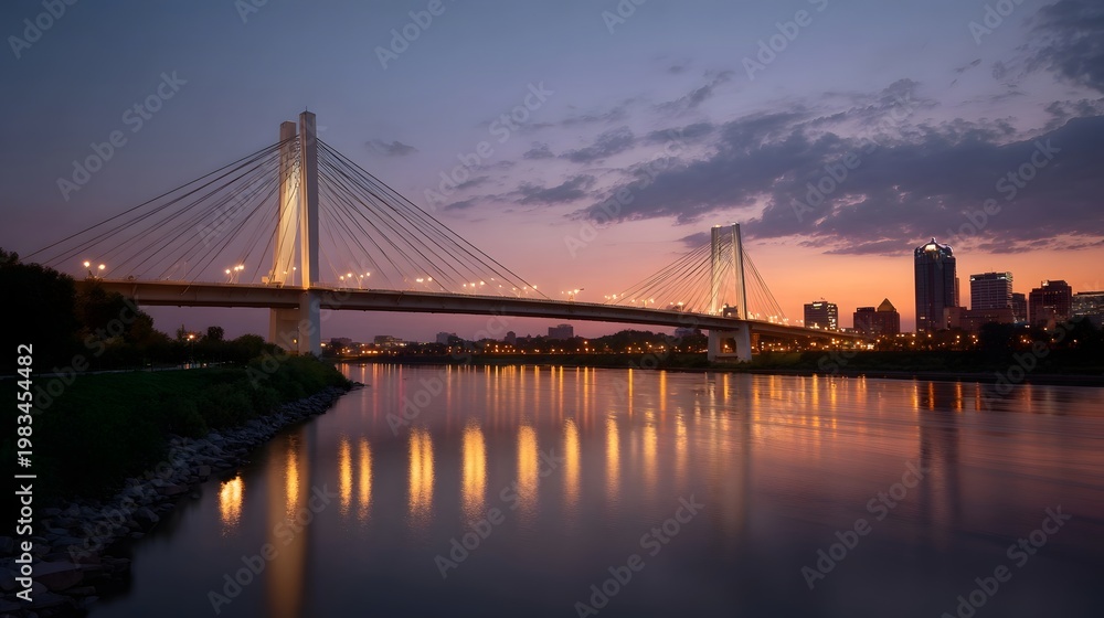 Fototapeta premium A magnificent cable stayed bridge spans a calm river under a dramatic twilight sky connecting the glowing cityscape to the tranquil waters below