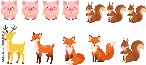 Cute Cartoon Animals Vector Set Featuring Pigs, Squirrels, Deer, and Foxes for Children’s Illustrations, Nature, and Educational Designs