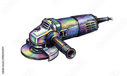 Angle grinder with side handle and exposed disc forming compact industrial power tool silhouette with rugged detailing in