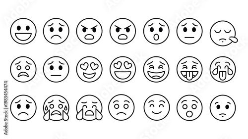 Expressive emoticon icon set, diverse emotions and sentiments collection in vector style for digital communication and user interface design.