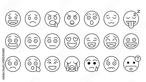 Expressive emoticon icon set, diverse emotions and sentiments collection in vector style for digital communication and user interface design.