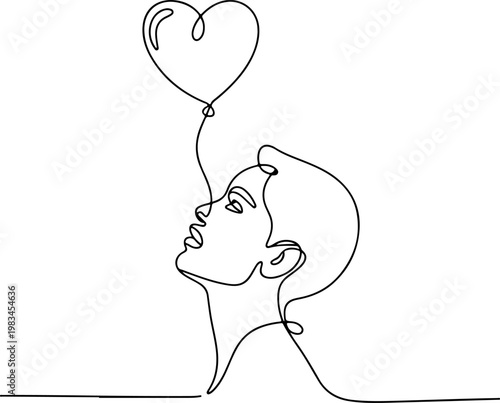Minimalist Continuous Line Art of Man with Heart Balloon – Love, Emotion and Romantic Illustration
