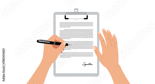 A person uses a black ink pen to carefully sign a formal document secured on a grey metallic clipboard against a minimalist white background setting.
