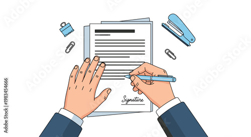 A professional businessman wearing a navy blue suit jacket meticulously signs a formal legal document using a sleek blue pen on a clean white surface.