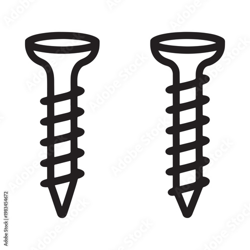 Two black and white line art illustrations of metal screws isolated on white