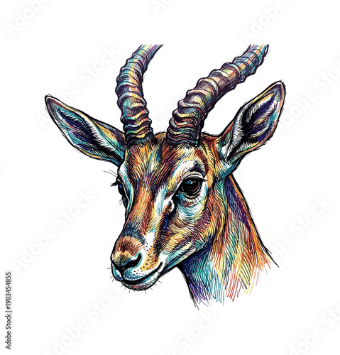 Close-up antelope head focusing on eyes nose and horn base with layered strokes creating elegant facial structure and depth,