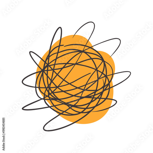Orange circle with chaotic dark lines, abstract doodle art for creative and messy concepts