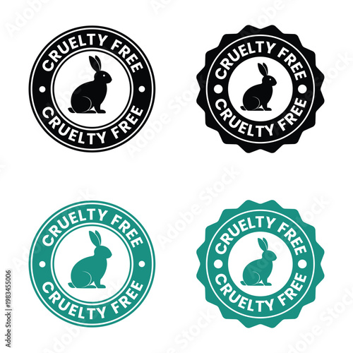 Four circular cruelty free badges featuring a rabbit silhouette within a patterned border are displayed high quality professional detailed modern elegant